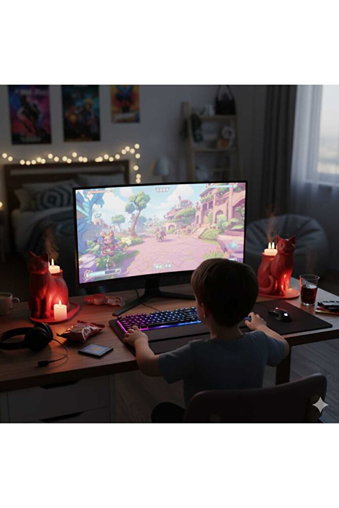 Kırmızı Mozaik Dekoratif Kedi Biblo Led Mumlu Şık Ev Ofis Masa Üstü Aksesuar Mumluk (led Mum Hediye)