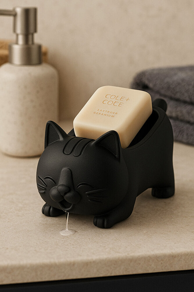 Dekoratif Kedi Figürlü Sabunluk & Süngerlik Şık ve Sevimli Banyo, Mutfak Aksesuarı Çok Amaçlı