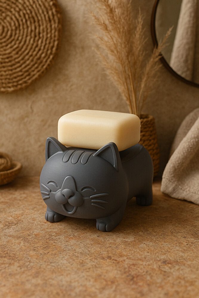 Dekoratif Kedi Figürlü Sabunluk & Süngerlik Şık ve Sevimli Banyo, Mutfak Aksesuarı Çok Amaçlı