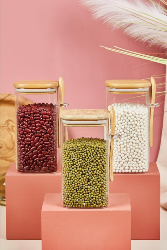 3’lü Bambu Kaşıklı Cam Kavanoz Seti Baharatlık Saklama Düzenleme Kavanozu 700 ml