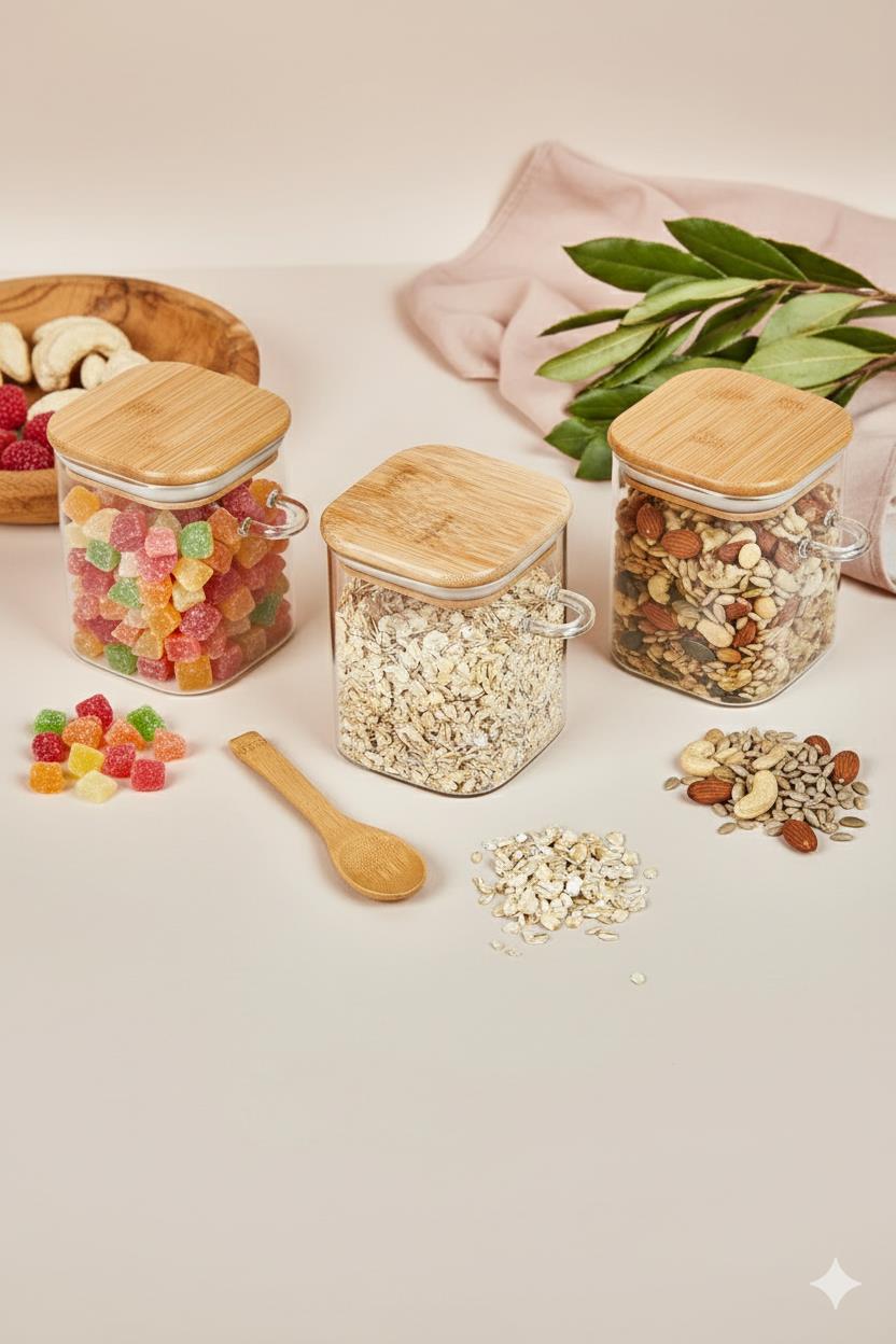 3’lü Kaşıklı Cam Kavanoz Seti Baharatlık Saklama Kavanozu 450 ml