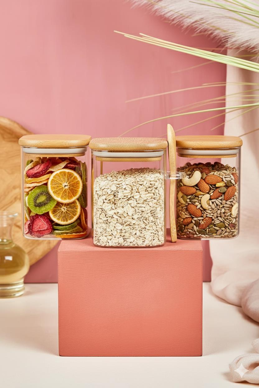 3’lü Kaşıklı Cam Kavanoz Seti Baharatlık Saklama Kavanozu 450 ml