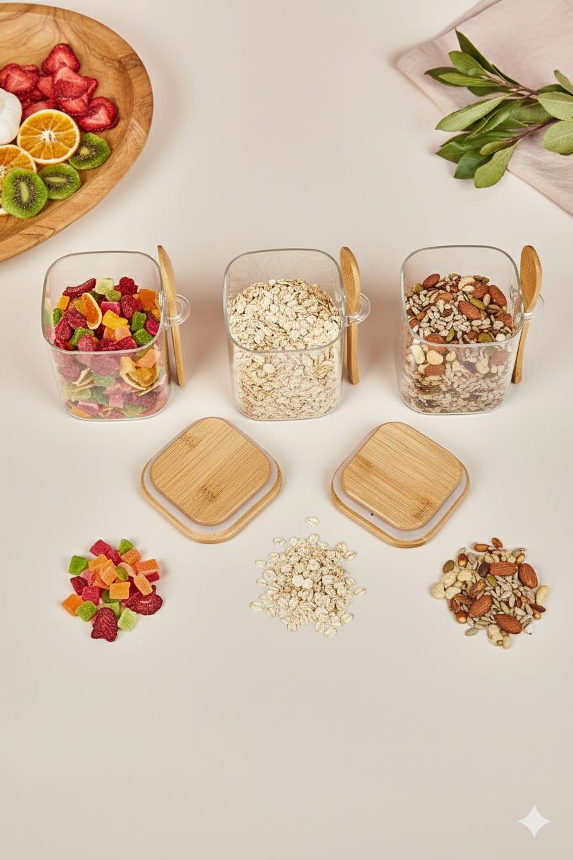 3’lü Kaşıklı Cam Kavanoz Seti Baharatlık Saklama Kavanozu 450 ml