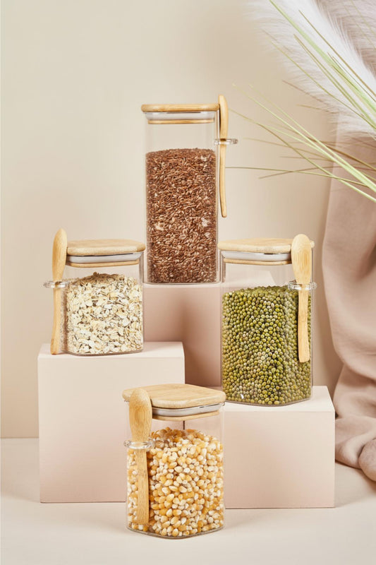 4’lü Bambu Kaşıklı Cam Kavanoz Takımı Baharatlık Saklama Düzenleme 950 ml