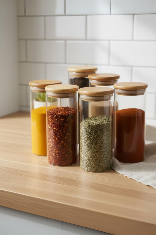 6’lı Bambu Kapaklı Cam Kavanoz Baharatlık Saklama Düzenleme Kavanozu 450 ml