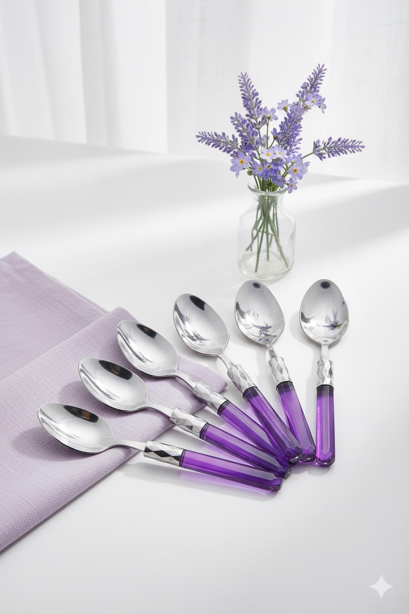 6’lı Paslanmaz Çelik Mor Tatlı Kaşığı Seti
