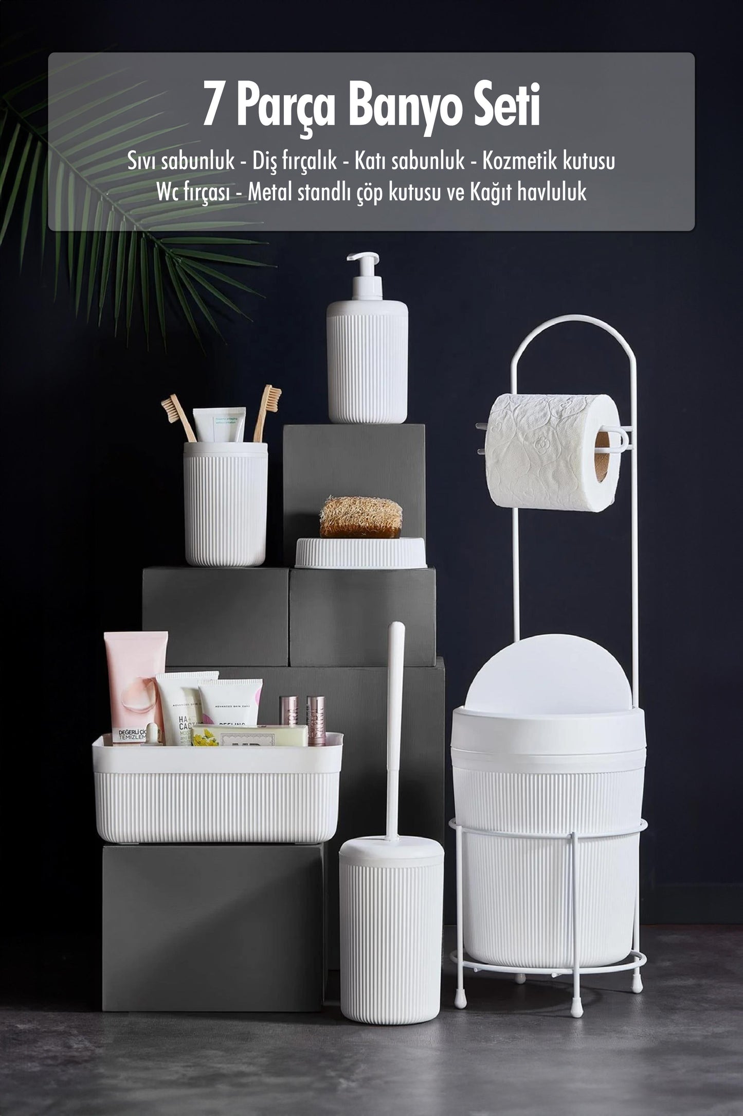 7 Parça Beyaz Banyo Seti Metal Stantlı Kovalı Wc Kağıtlık Kozmetik Kutusu Diş Fırçalık Ve Sabunlukla
