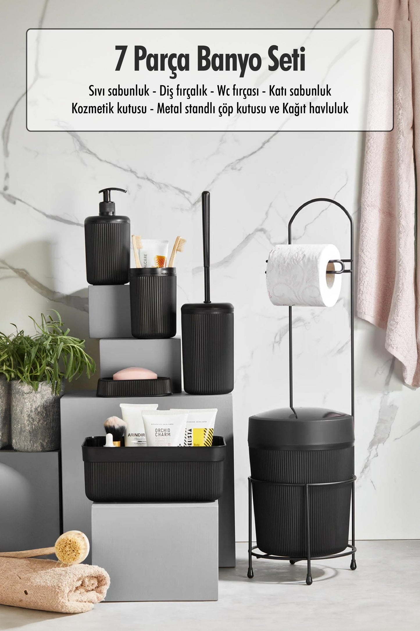 7 Parça Siyah Banyo Seti Metal Stantlı Kovalı Wc Kağıtlık Kozmetik Kutusu Diş Fırçalık Ve Sabunlukla