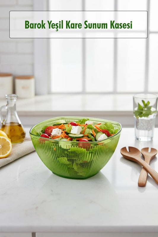 Barok Yeşil Orta Boy Kare Kase & Sunum Kasesi - 1,5 Lt