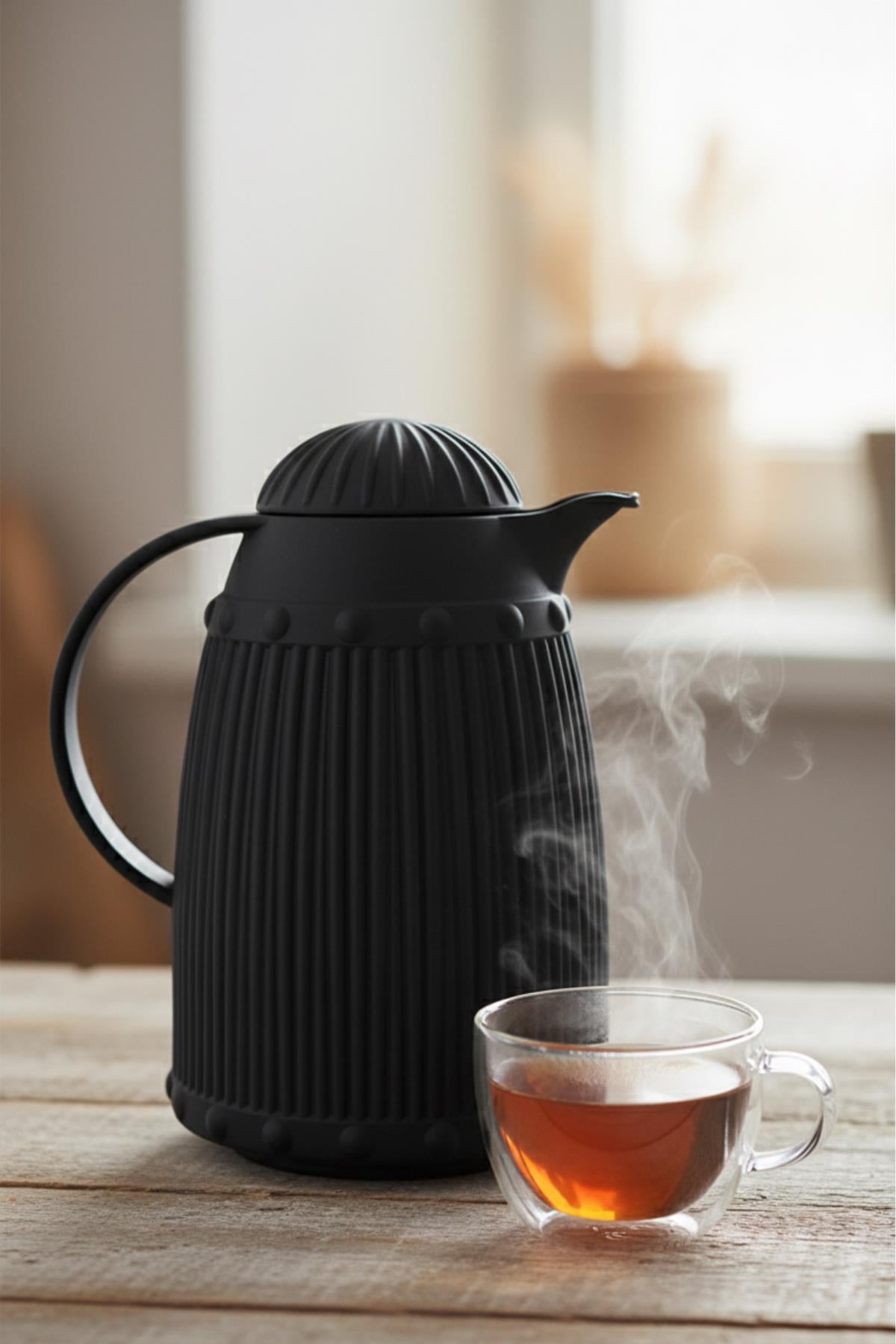 1 LT Isı Yalıtımlı Çay ve Soğuk Su Termosu Siyah (12 Saat Sıcak Tutar & İçi Camdır)