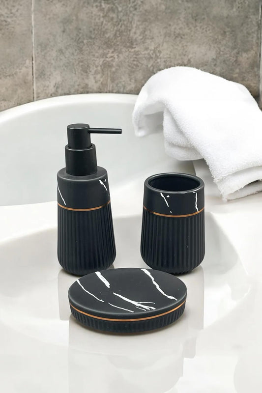 Siyah Mermer Desenli Seramik Banyo Seti 3 Parça