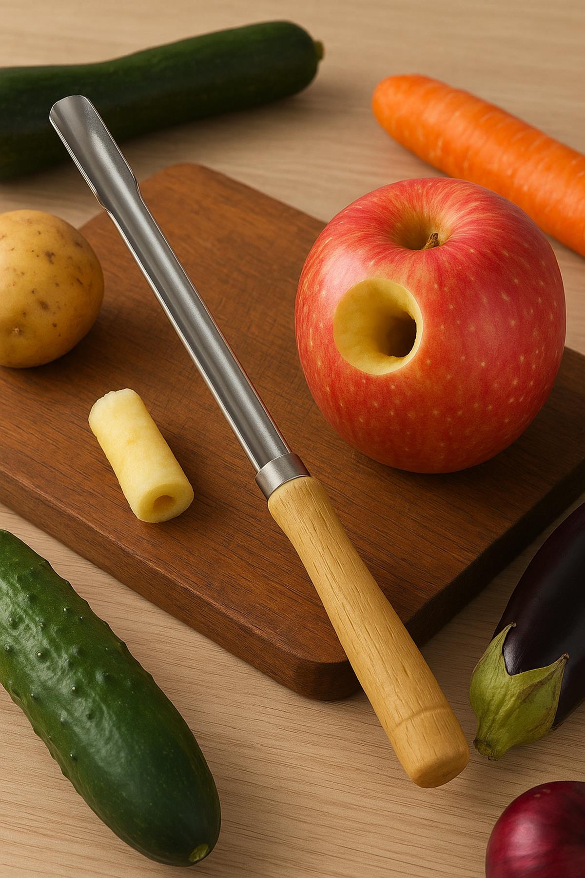 Ahşap Saplı Uzun Oyacak 24 cm Paslanmaz Çelik Sebze ve Meyve Oyacağı