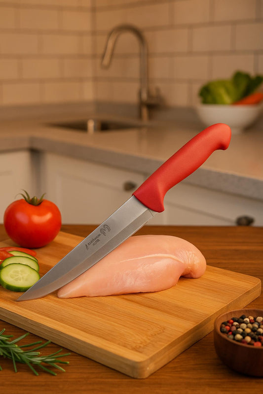 Paslanmaz Çelik Kasap Bıçağı Kırmızı Saplı Et ve Mutfak Bıçağı 27 cm