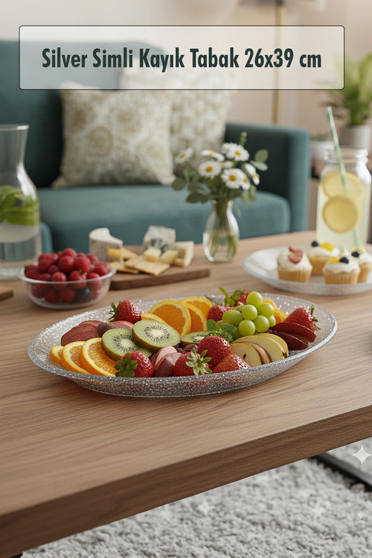 Silver Simli Büyük Kayık Tabak Sunum & Servis Tabağı - 26,5 x 39,5 cm