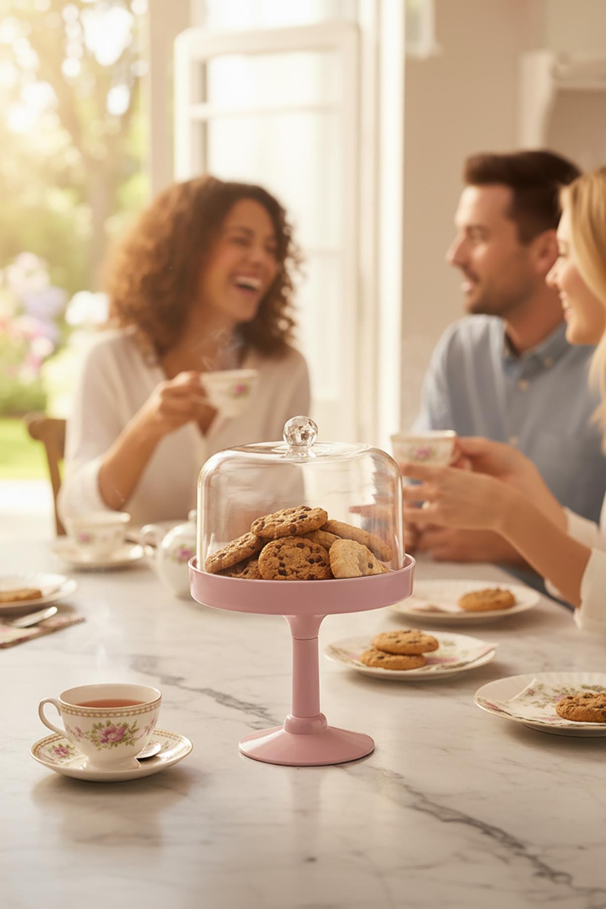 Soft Pembe Akrilik Ayaklı Kurabiyelik & Kapaklı Sunum Standı - 2 Parça